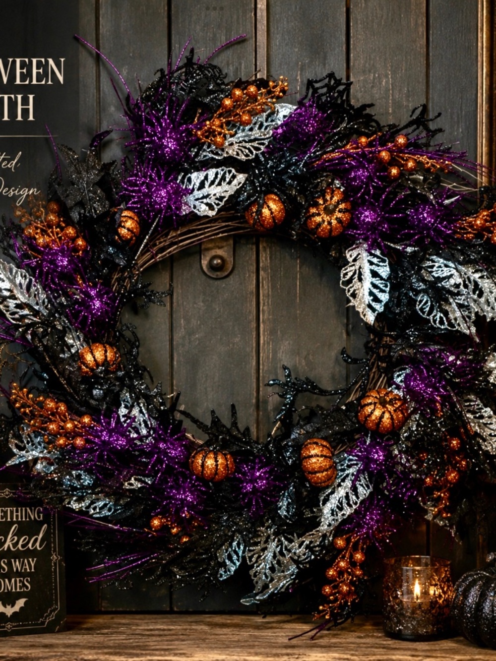 Halloween Spooky Pumpkin Spider Glitter Wreath Decoration